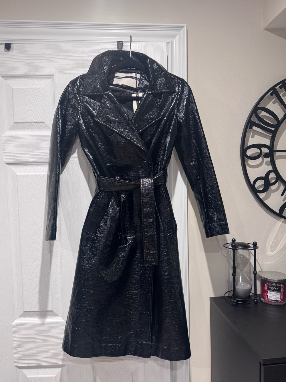 Unique Topshop Vintage-Inspired Faux Leather Black Trench Coat with Belt